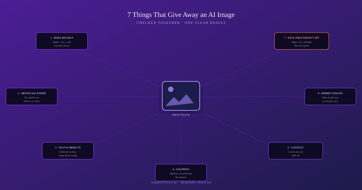 Diagram showing the seven things TamperCheck's deepfake detector checks on every image, feeding into a single result: genuine, AI-generated, face-swapped, or unclear